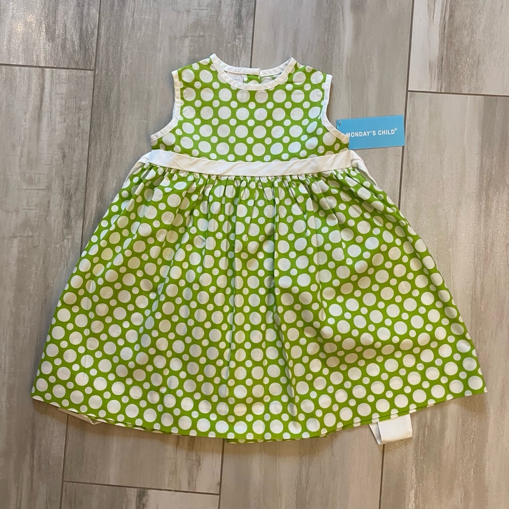 NWT Francis Johnston Cotton White and Green Circles Sleeveless Dress girls 2